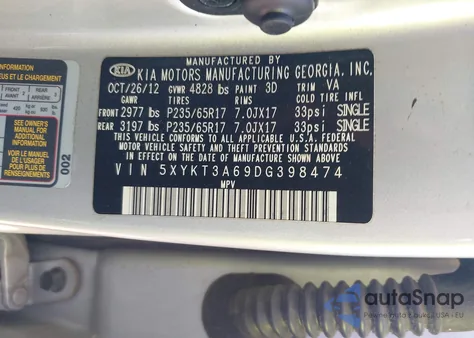 2013 Kia Sorento Lx из США, поврежденный, VIN 5XYKT3A69DG398474